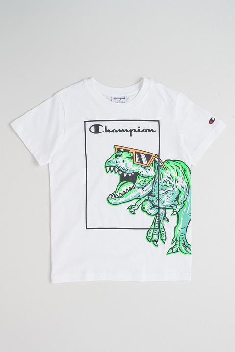 Champion, Kerek nyakú dinoszaurusz mintás póló, Fehér/Neonzöld