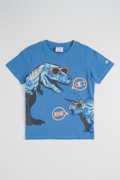 Champion, Kerek nyakú dinoszaurusz mintás póló, Púderkék/Neon narancssárga