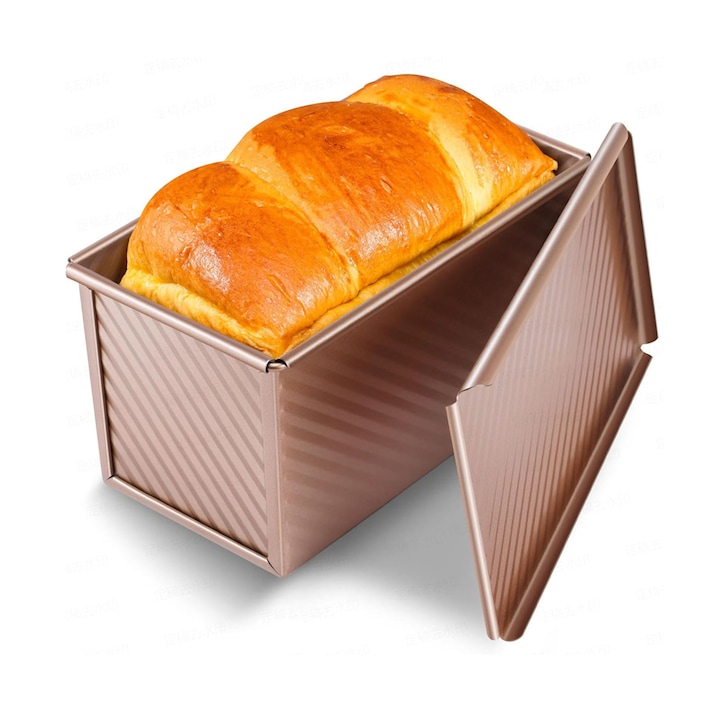 Kenyérsütő forma fedővel, AFKSMILE, Sütőálló, 450g, Egyenletes sütés, Könnyű tisztítás, Tapadásmentes, Szénacélból, 21x11x11.5cm, Rozéarany