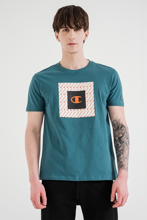 Champion, Tricou cu decolteu la baza gatului si logo, Portocaliu/Verde smarald