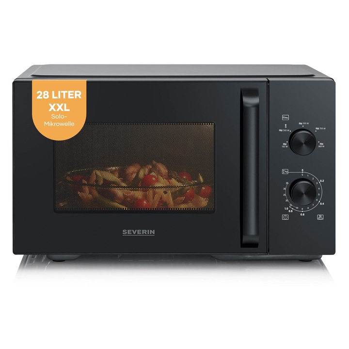Cuptor cu microunde Severin Solo, pentru dezghetare si incalzire, interior XXL, 28 L, cuptor cu microunde cu plata turnanta din sticla detasabila, 5 trepte de putere, temporizator 35 minute, 900 W, argintiu/metal, MW 7796