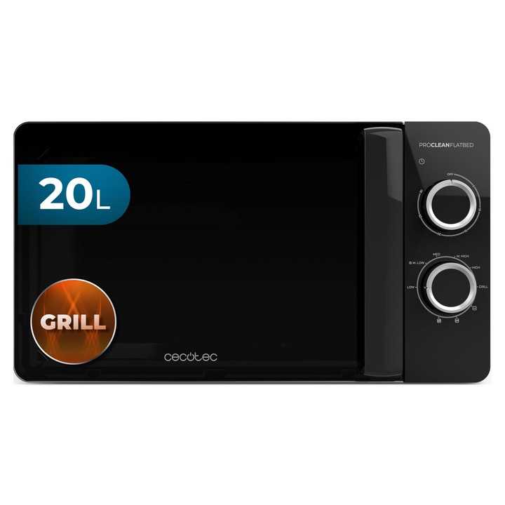 Cuptor cu microunde Cecotec cu gratar Proclean 3130 Flatbed, Capacitate 20L, 700W, 6 nivele, gratar 800W, gatit rapid si auriu, design FullCrystal si tehnologie 3DWave pentru gatit eficient