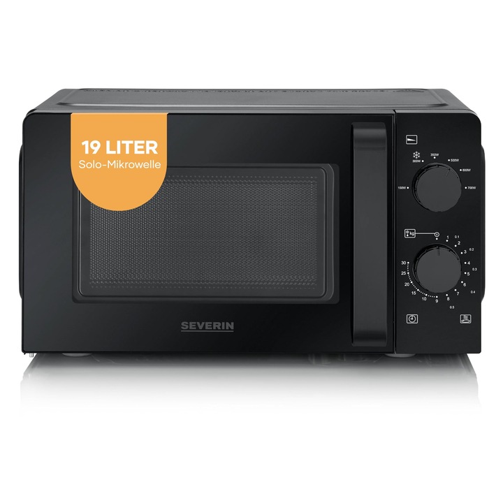 SEVERIN cuptor cu microunde solo, pentru dezghetare si incalzire, cuptor cu microunde cu platan rotativ si 6 trepte de putere, DESIGN, negru complet, 700 W, capacitate 19L, MW 9180