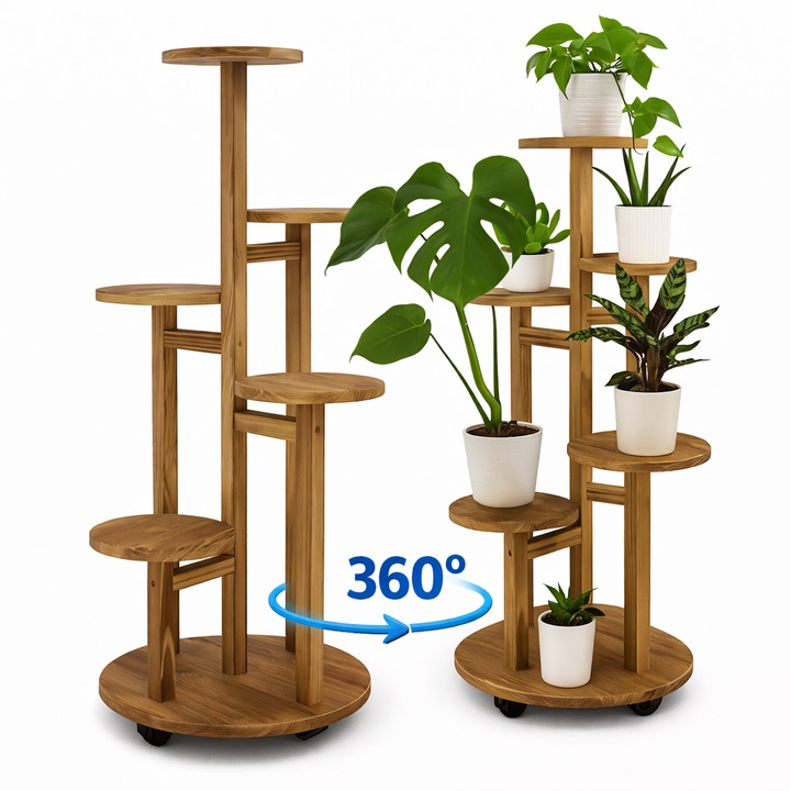 Suport Plante Rotativ 360° din Lemn Natural, 6 Niveluri