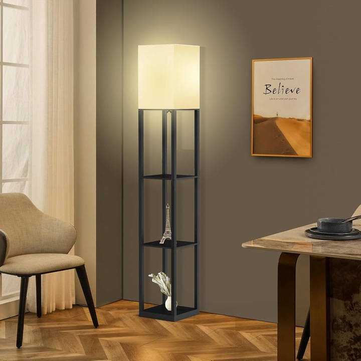 Lampa de podea cu rafturi, moderna cu bulb, LED,3 temperaturi de culoare, neagra, 160 cm