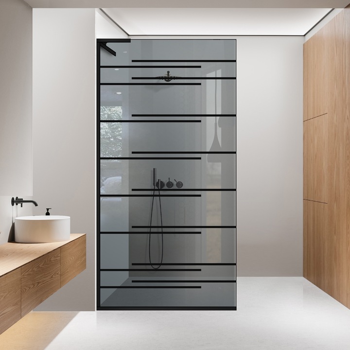Aqua Roy ® Minimal Black 100x195 cm zuhanyfal, fekete Axis modell, 8 mm szürke biztonsági üveg, vízkő elleni kezeléssel
