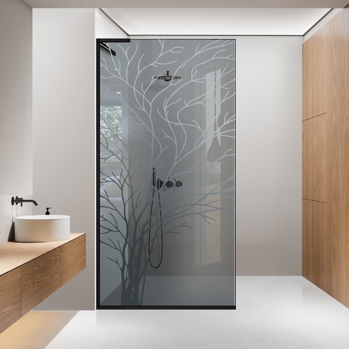 Paravan dus walk-in Aqua Roy ® Minimal Black, model La Vita incolor, feronerie full inox negru mat, sticla 8mm gri, securizata, anticalcar, 90x195 cm