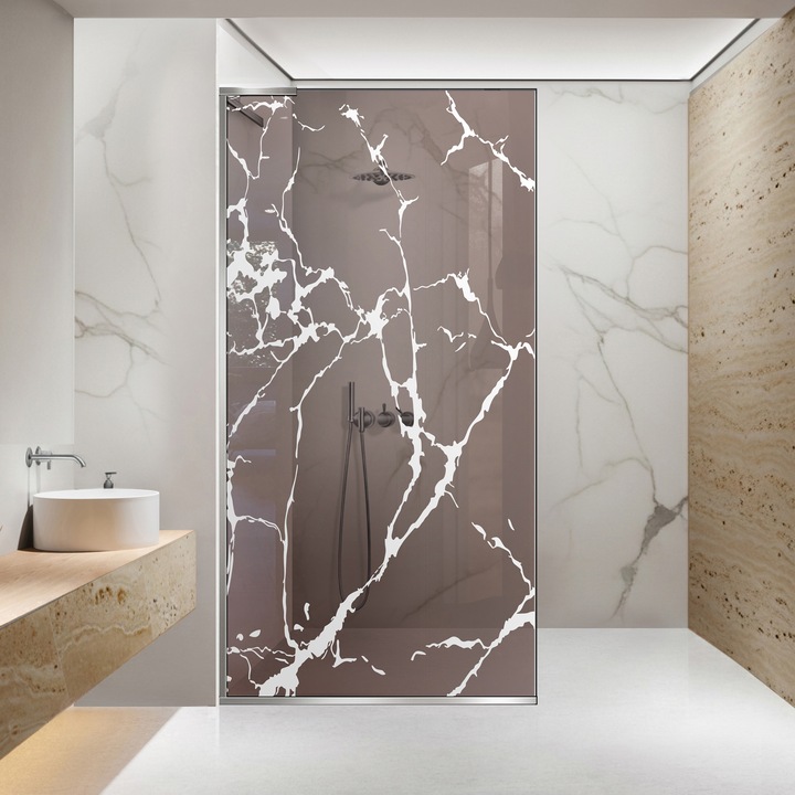 Paravan dus walk-in Aqua Roy ® Minimal Inox, model Marmor alb, feronerie full inox, sticla 8mm bronz, securizata, anticalcar, 100x195 cm