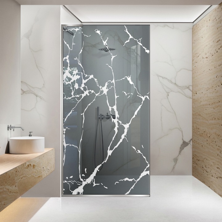 Paravan dus walk-in Aqua Roy ® Minimal Inox, model Marmor alb, feronerie full inox, sticla 8mm gri, securizata, anticalcar, 100x195 cm