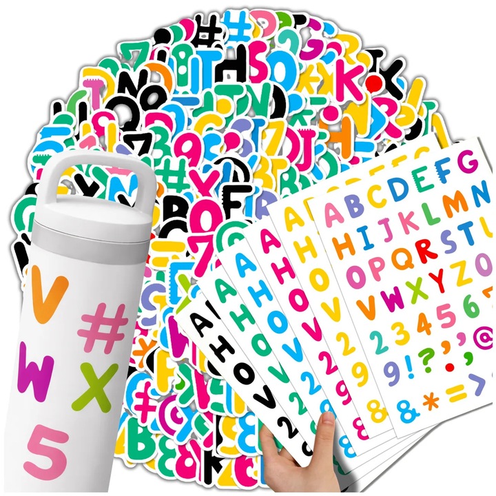 Set Stickere Colorate Litere si Cifre PVC Impermeabile, 6 Coli, Multicolor, Autoadezive, pentru Educatie si Personalizare