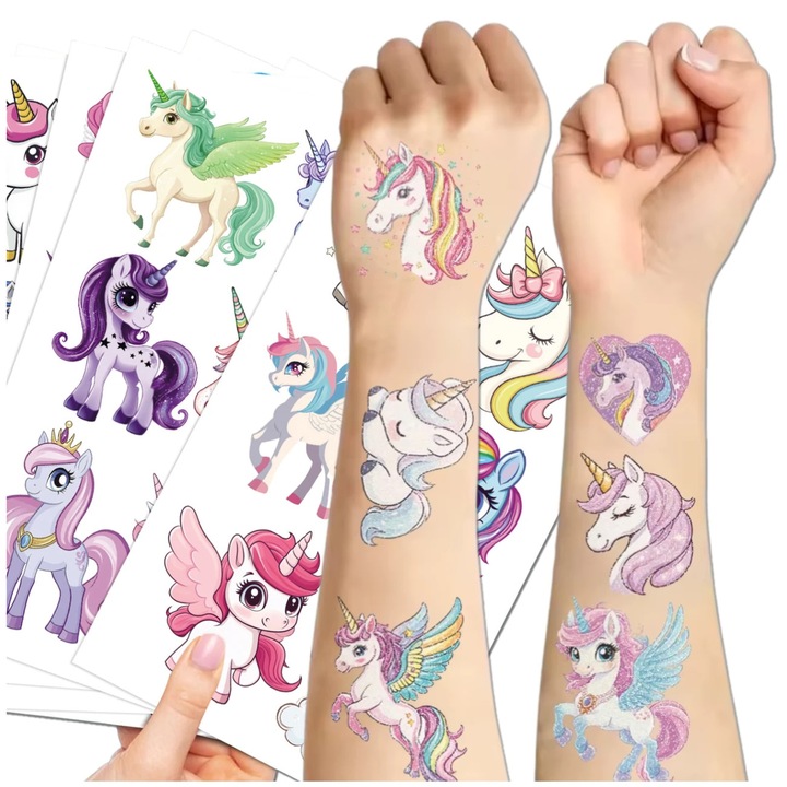 Set Tatuaje Temporare Unicorni Colorati, 20 Coli, Non-Toxice, Usor de Aplicat, 12x7cm