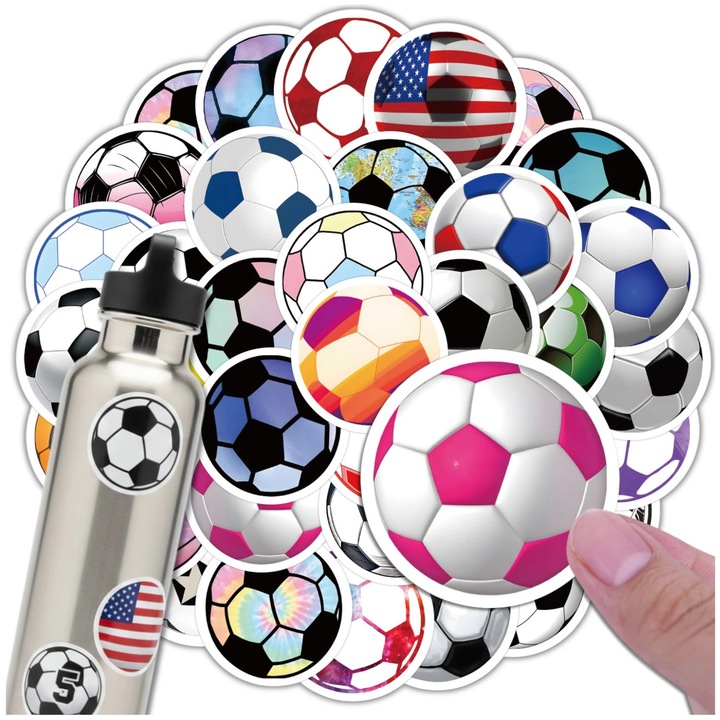 Set 60 Stickere Fotbal Colorate din PVC, Impermeabile, 4-5 cm