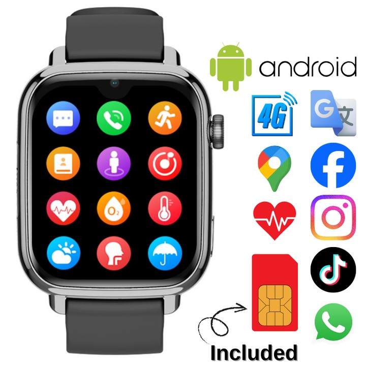 Ceas Smartwatch GPS Copii Cu Localizare Si Telefon Techone® TrackMe KT34 Maxi, Android 8.1, WhatsApp, Tik Tok, 1.91 inch Super AMOLED, 4G LTE, Apel video, Camera HD, Wi-Fi, Apa IP67, Telefon, SOS, Monitorizare Spion, Ritm Cardiac, App Store, Negru