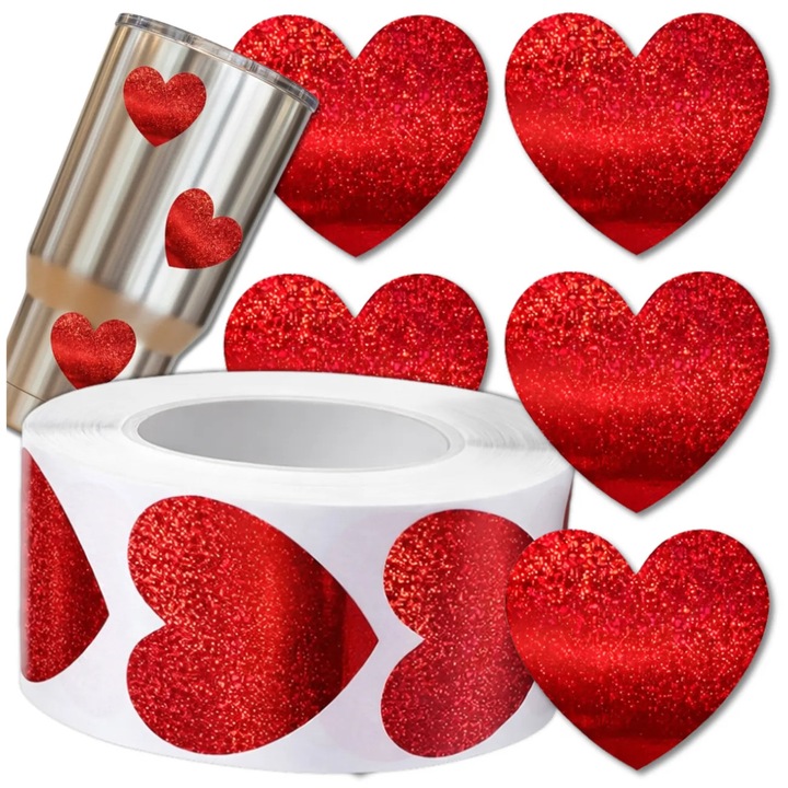 Set autocolante inimioare rosii cu sclipici, 500 bucati, 2.5cm, autoadezive