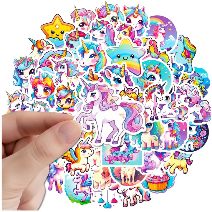 Set Stickere Decorative Unicorni, EdiBazzar, 50 buc, Impermeabile, PVC, 4-6 cm