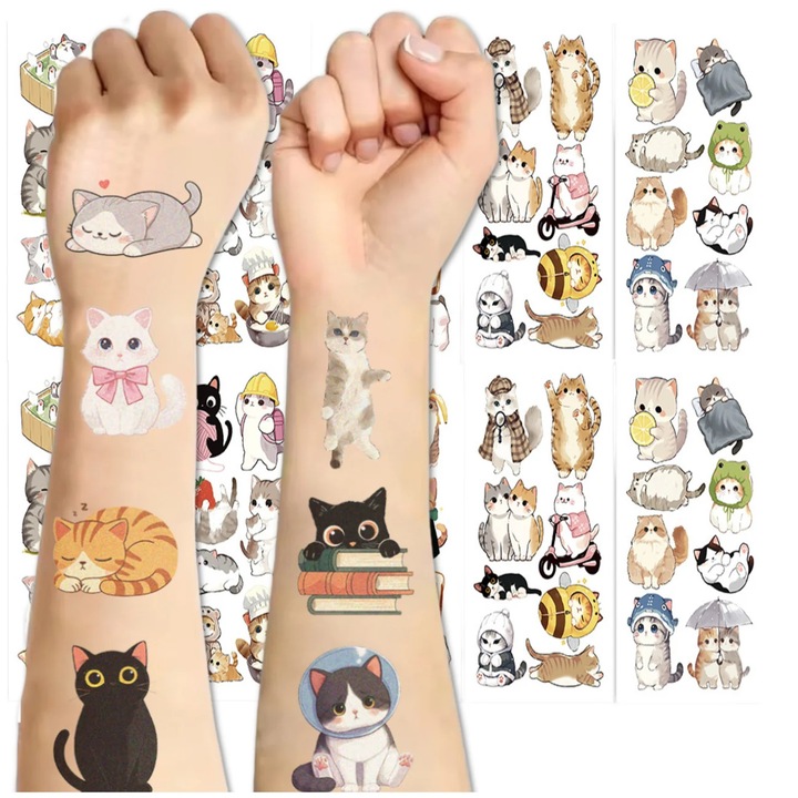 Set Tatuaje Temporare Pisici Colorate, 20 Coli, Aplicare Usoara, Rezistenta 3-7 Zile