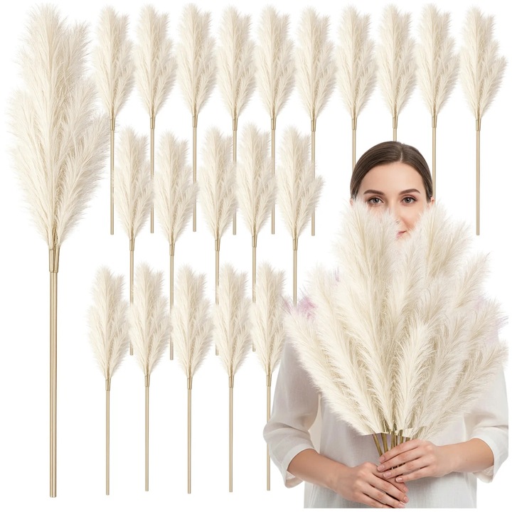 Set 20 bucati Iarba de Pampas Artificiala Alba, 56.5 cm, PVC Premium, Fara Intretinere