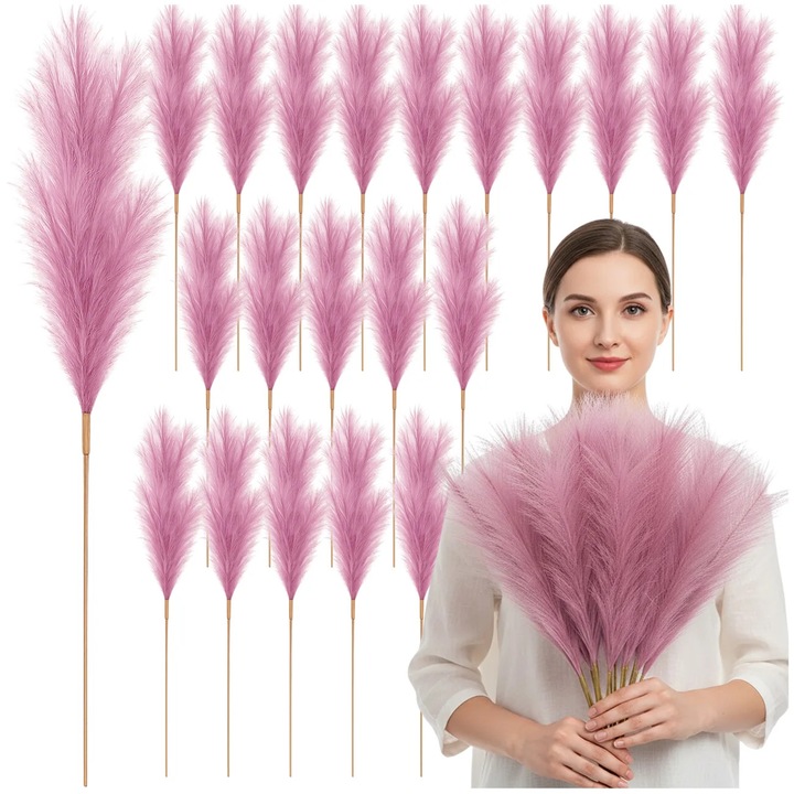 Iarba de Pampas Artificiala Roz, Set 20 Bucati, 56.5 cm, PVC de Inalta Calitate, Stil Boho Glamour