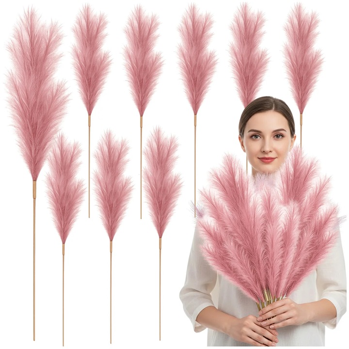 Iarba de Pampas Artificiala Roz Cald, Set 10 Bucati, 56.5 cm, PVC de Inalta Calitate, Fara Intretinere