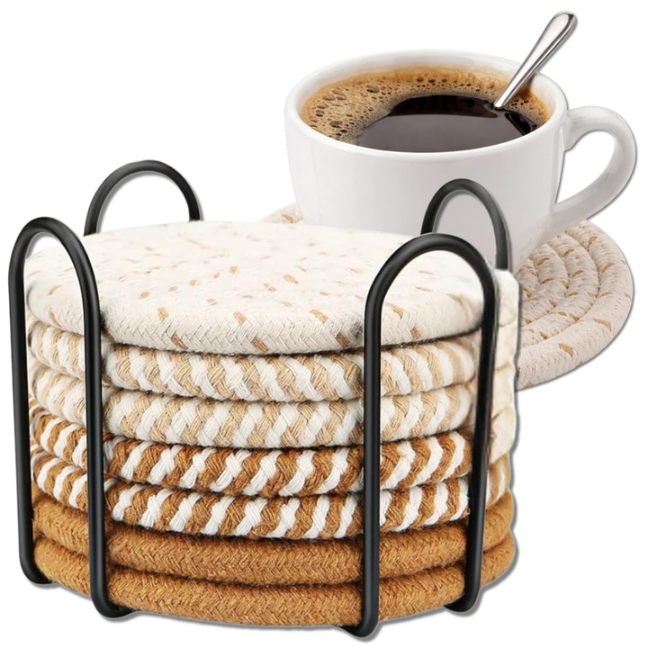 Set Suporturi Decorative Bumbac Natural 8 Bucati cu Suport Metalic, 11cm, Culori Asortate