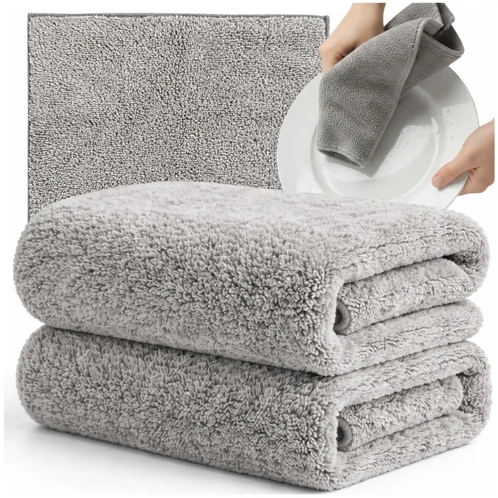 Set 2 Lavete Microfibra 30x40 cm Gri, Super Absorbante, Reutilizabile, pentru Curatenie Casa si Bucatarie