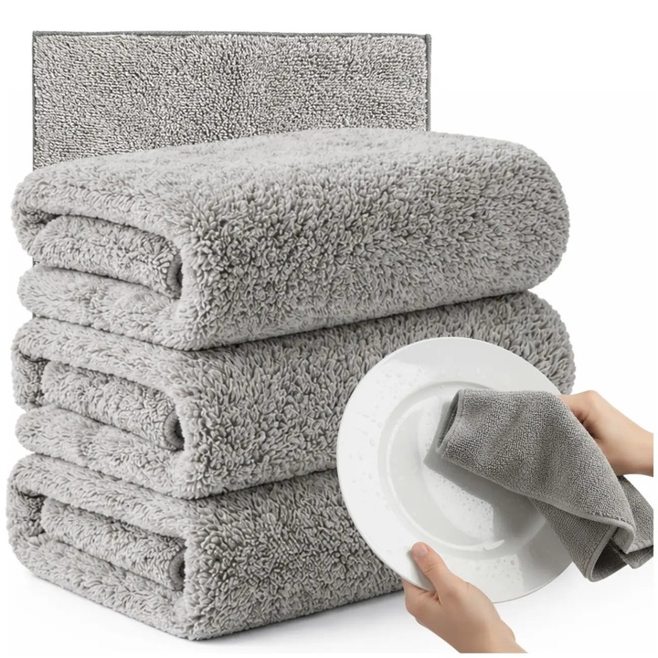 Set 3 Lavete Microfibra Gri 30x30 cm, Absorbante, Reutilizabile, pentru Curatenie Universala