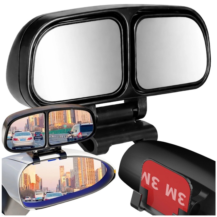 Oglinda auto auxiliara dubla unghi mort, EdiBazzar, neagra, 12.5x6cm, montaj rapid fara unelte