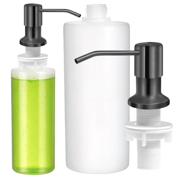 Dozator detergent vase incorporabil, 500 ml, Otel inoxidabil, Negru, pentru chiuveta bucatarie