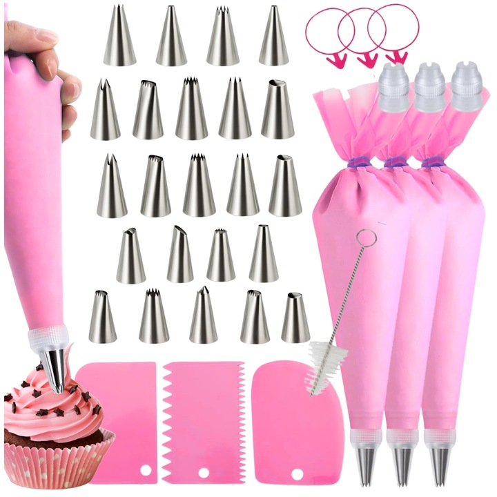 Set 37 Ustensile Decorare Torturi, EdiBazzar, Pungi Reutilizabile, 24 Duze Otel, Multicolor