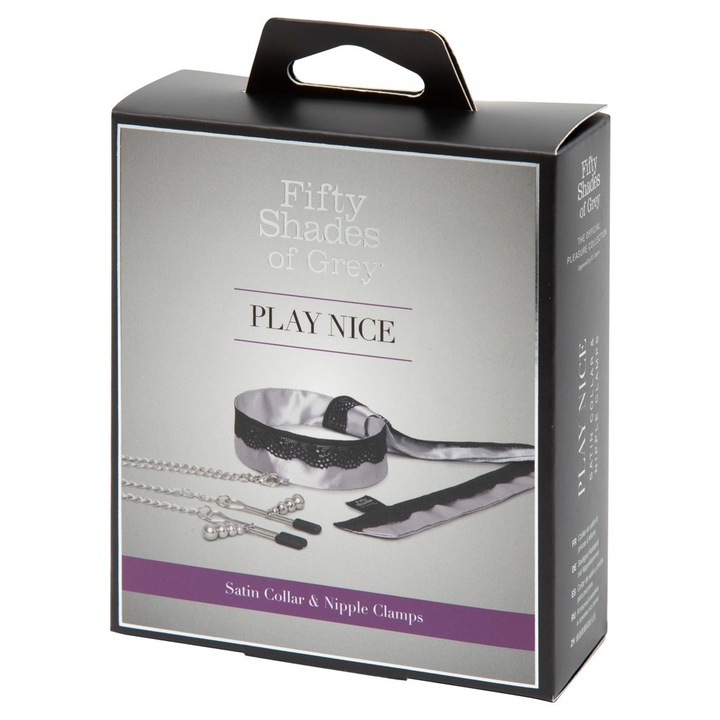 Colier din satin cu cleme pentru sani si lanturi, Fifty Shades of Grey, 1.10m, dantela neagra, 3cm latime