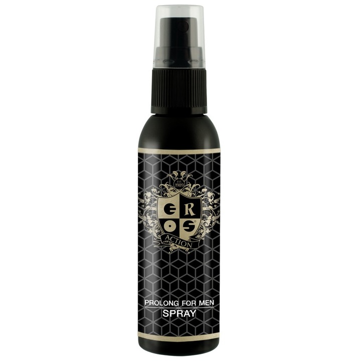 Spray lubrifiant Eros Action Prolong 50ml, transparent, pentru placere sexuala de lunga durata, sigur pentru prezervative latex