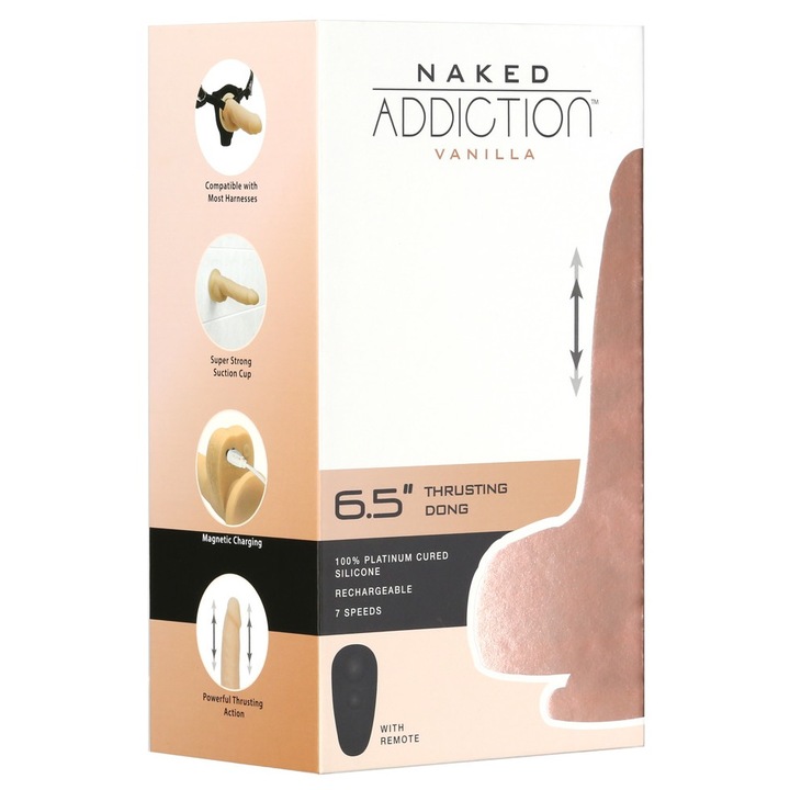 Dildo cu actiune de impingere, Naked Addiction, 16.5cm, 7 viteze, silicon, cu ventuza