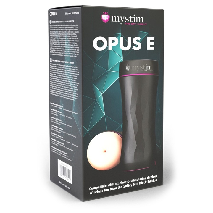 Masturbator Opus E Anus, Mystim, negru, cu deschidere anala, cu cablu adaptor pentru dispozitive E-stim