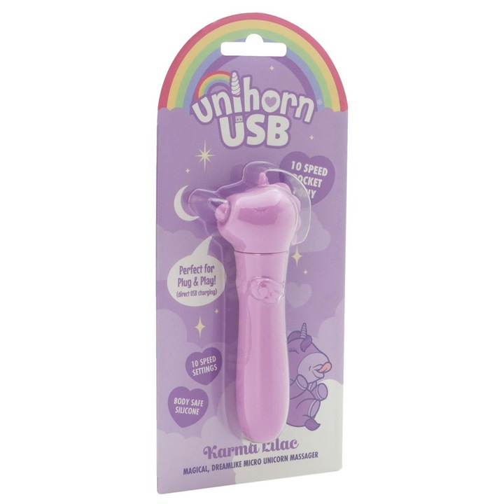 Vibrator mini USB Unihorn, design unicorn, 10 moduri de vibratie, 14.3cm, silicon