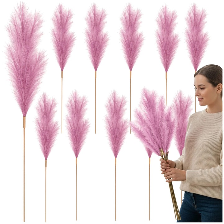 Set 10 Iarba de Pampas Artificiala Roz, 56.5cm, Pene Pufoase, Fara Intretinere