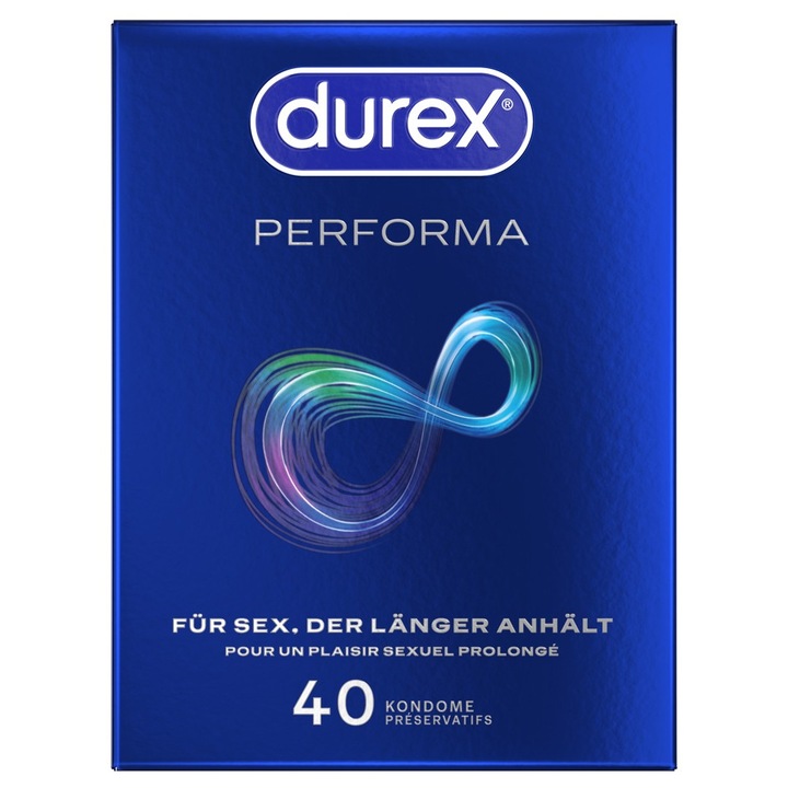 Durex Performa óvszerek, 10 darab, átlátszó, késleltető géllel, Easy-on forma, névleges szélesség 56 mm