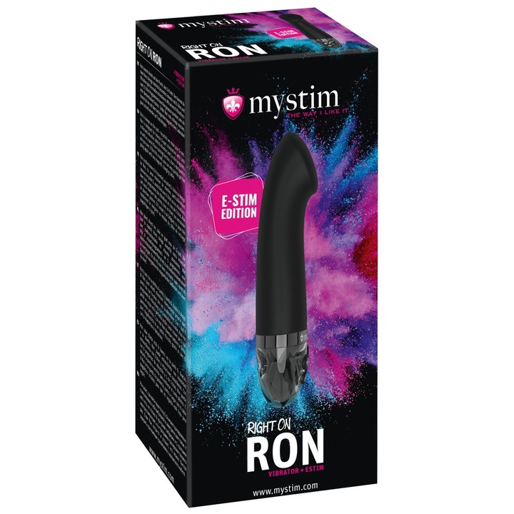 Vibrator E-stim, Mystim, Right on Ron, 8 moduri de vibratie, 5 moduri e-stim, negru, 17x3.6cm