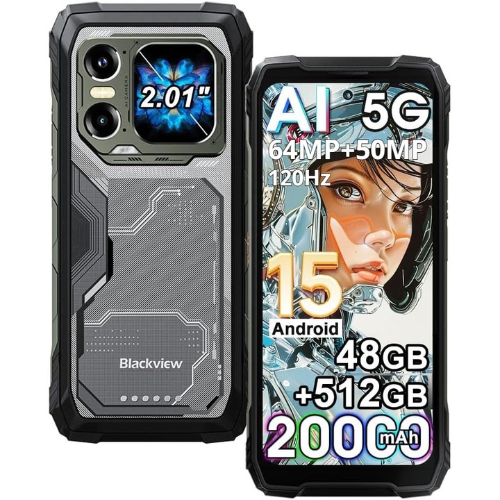 Telefon robust Blackview XPLORE1,48GB RAM+512GB ROM(TF 2TB, Android 15,20000mAh,6.78"120Hz,64MP+50MP, MediaTek Dimensity 7050 6nm 5G Octa-core, lanterna cu LED-uri duale de 170 lumeni, NFC/OTG/GPS, IP68 & IP69K & MIL-STD-810H, negru
