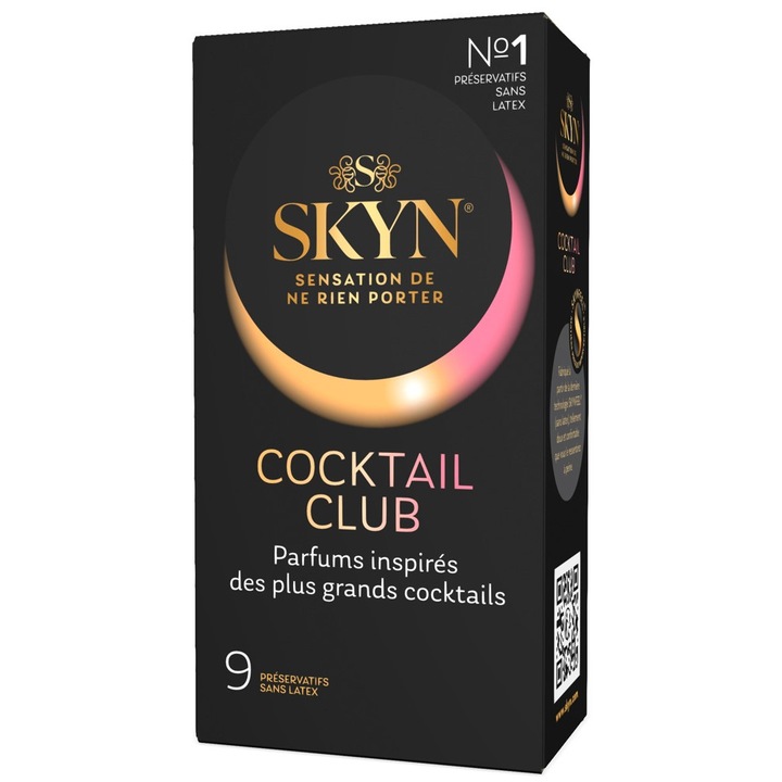 Mix de prezervative Cocktail Club, SKYN, 9 bucati, arome Pina Colada, Cherry Sunrise, Passion Daiquiri, 53mm