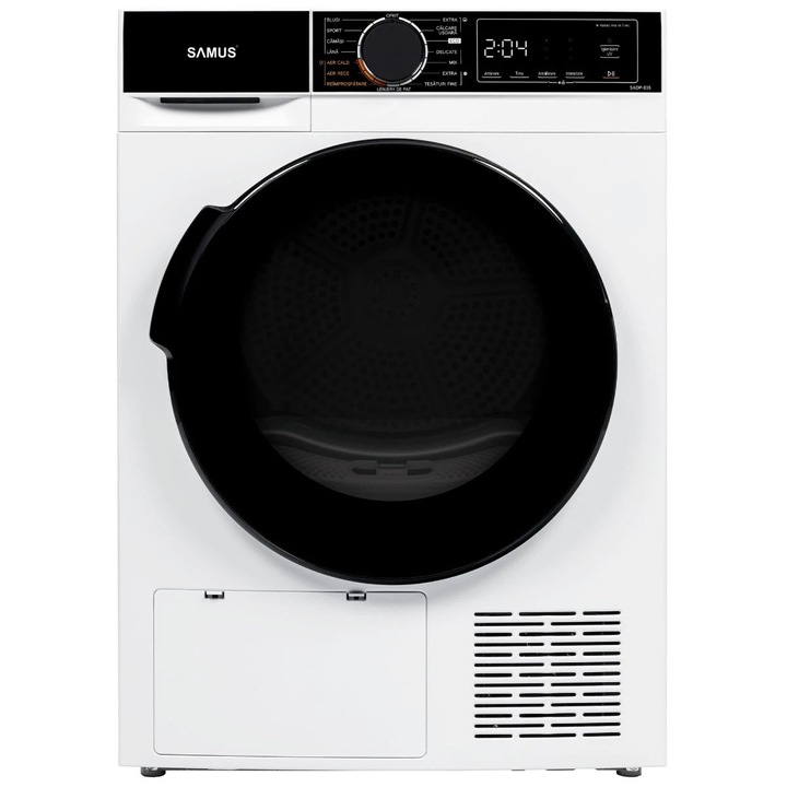 Uscator rufe automat, Samus SADP-835, pompa de caldura, 8 kg, clasa D, latime 60 cm, antisifonare, igienizare UV, blocare acces copii, pornire intarziata, alb