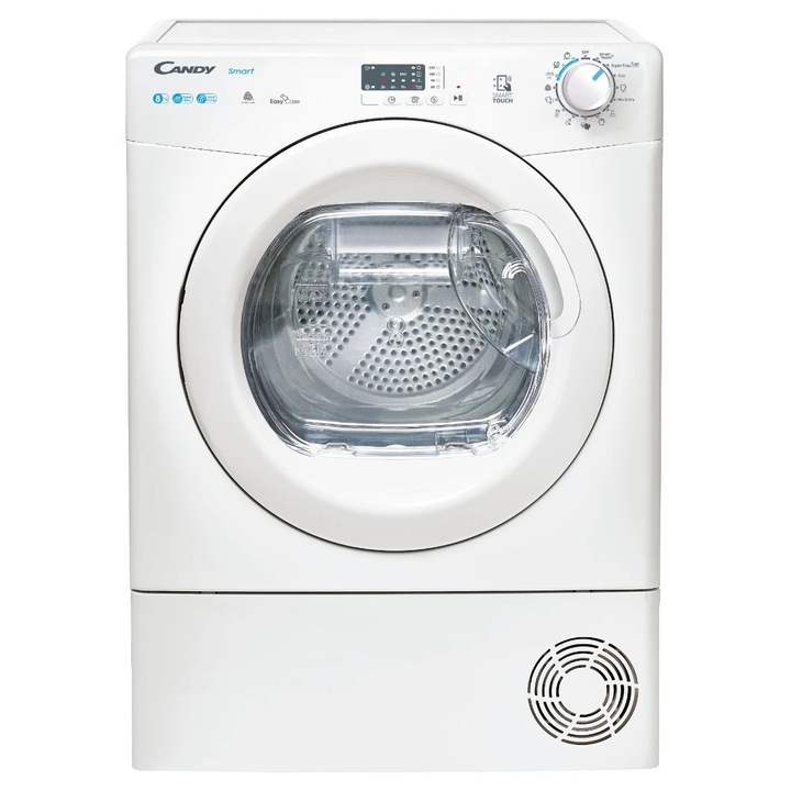 Uscator rufe automat, Candy Smart CSE H8ELE-S, pompa de caldura, 8 kg, clasa E, latime 60 cm, Easy Case, Dry Sensor, program Refresh, optiune pornire intarziata, alb