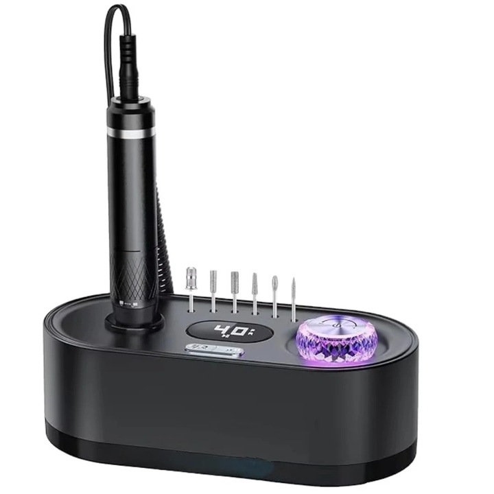 Професионална фреза за нокти HASEPE 40000 RPM, акумулаторна електрическа пила със стойка, електрическа фреза за нокти с двойно въртене, сменяеми глави, LCD, контрол на скоростта, маникюр и педикюр, фреза за нокти