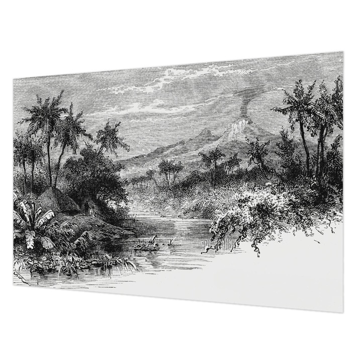 Tapéta Vlies Fali Dekoráció, Wallfluent, Egzotikus panoráma, Fekete és fehér, 104 x 70 cm, Nem Szőtt, Modern Tapétatekercs, 010100060020000285560