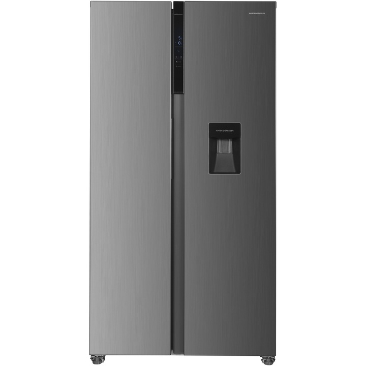 Combina side by side Heinner HSBS-HM439NFINVXWDD, 439 l, Clasa D, No frost, Compresor inverter, Display, Dozator de apa, Functie smart, Functie congelare/racire rapida, Adamcime redusa 59.5 cm, H 176.5 cm, Inox