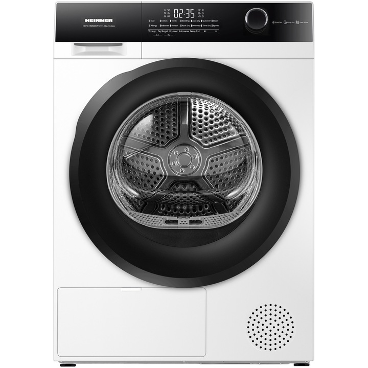 Сушилня с термопомпа Heinner HHPD-HMK80IVFC+++, 8 кг, Клас C, 14 програми, Инверторен мотор, Тъч контрол, Осветление на барабана, Бърза програма 30 мин, Стойка за обувки, Защита за деца, Бял