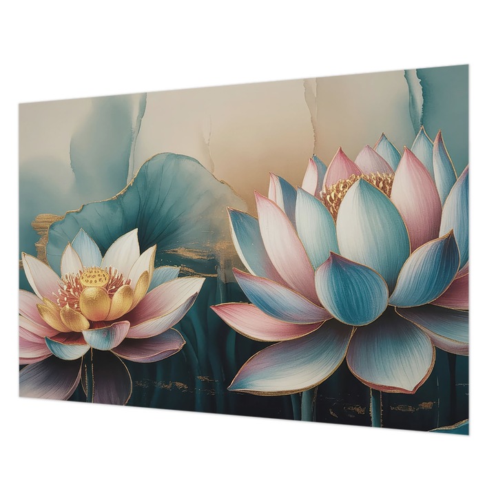 Tapet Vlies Pentru Perete, Wallfluent, Lotusuri de armonie, Albastru, 312 x 219 cm, Art Deco, Pentru Birou, 010100060080000284765