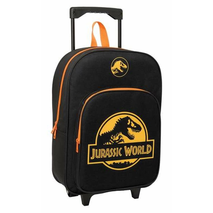 Ghiozdan cu roti, Jurassic World, negru, 32 x 42 x 14 cm, pentru copii, cu fermoar, rezistent, unisex, varsta recomandata 3 ani +