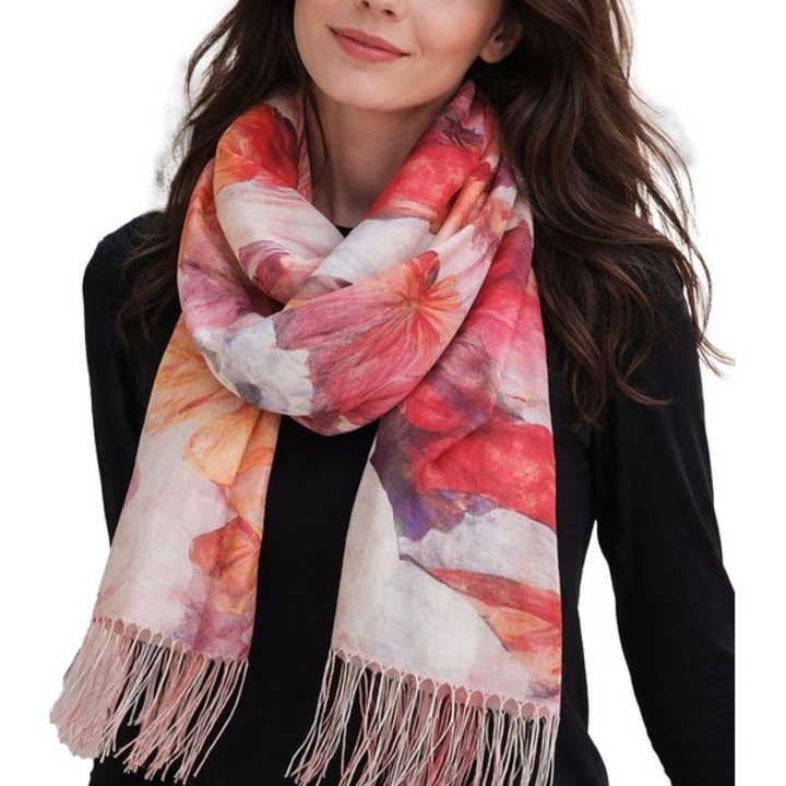 Esarfa Rosu eleganta 180x70 cm, model floral atemporal, 100% poliester, accesoriu versatil pentru toate anotimpurile si ocazii speciale – Agrafka unisize