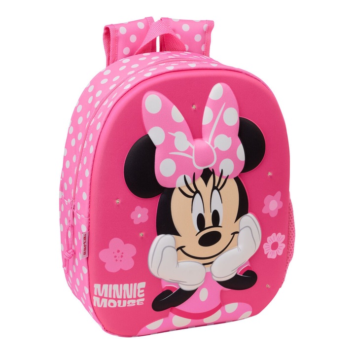 Ghiozdan, Minnie Mouse, Roz, 27 x 33 x 10 cm, curele de umar captusite, buzunar lateral pentru sticla, design 3D, material poliester 300D