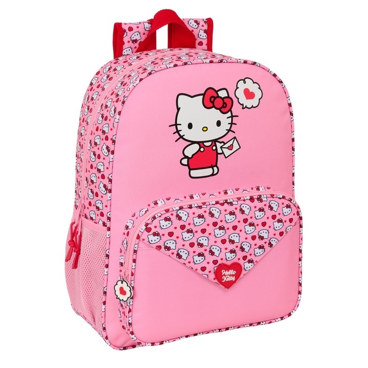 Ghiozdan, Hello Kitty, Roz, 33 x 42 x 14 cm, captuseala ergonomica, manere, buzunare laterale pentru sticla, compartiment frontal cu fermoar, certificat REACH